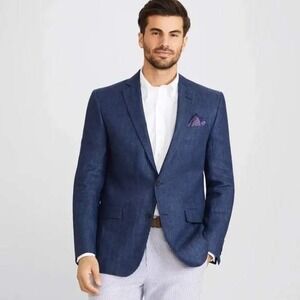 Brooks Brothers Regent Fit Sport Coat Size 46L Mens Blue Linen Blazer